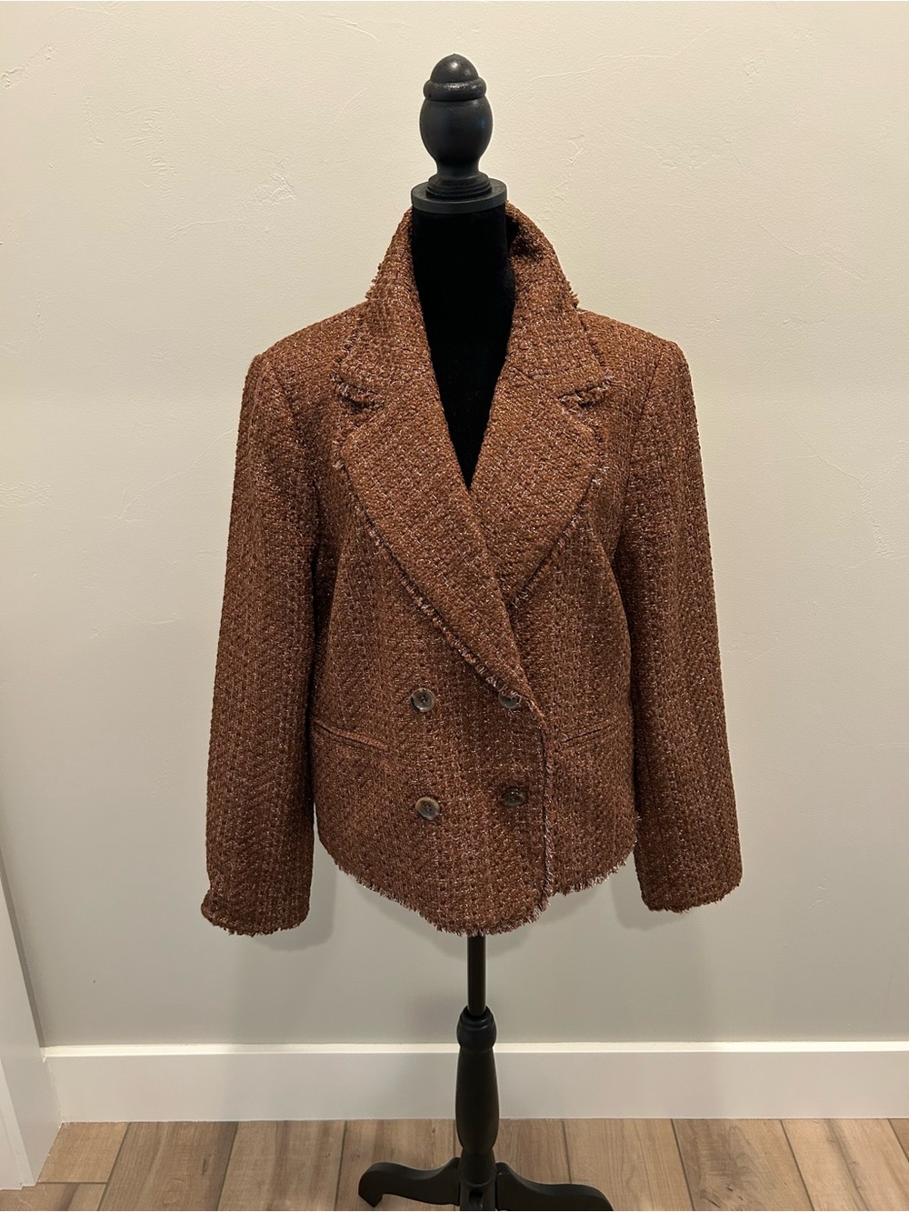 Talbots Chestnut Brown Double-Breasted Tweed Cropped Jacket Size 12